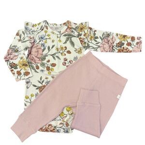 NWT Loulou Lollipop Ruffle Bodysuit Secret Garden Waffle Pants Blush Size 6-12M